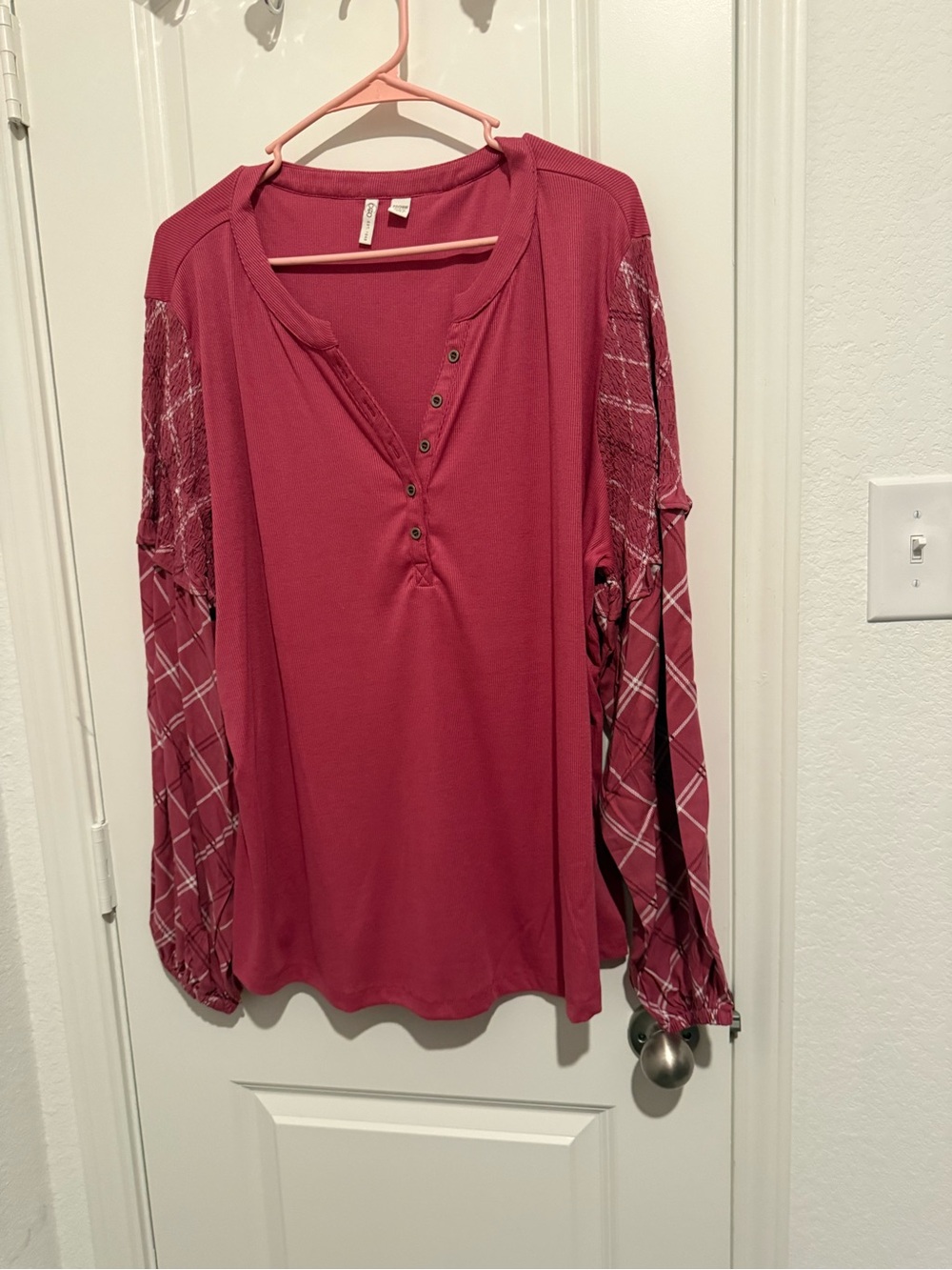 Cato Long Sleeve Henley Top in Rose with Plaid Sleeve Detail